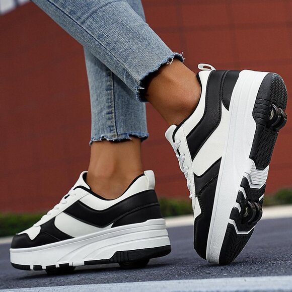 Kids Black-white Detachable Wheeled Fashion Sneakers Roller Skate Shoes - Picture 2 of 5